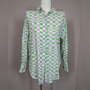 Mango Checkered Button Down Shirt Green Purple Long Sleeve Sz 2